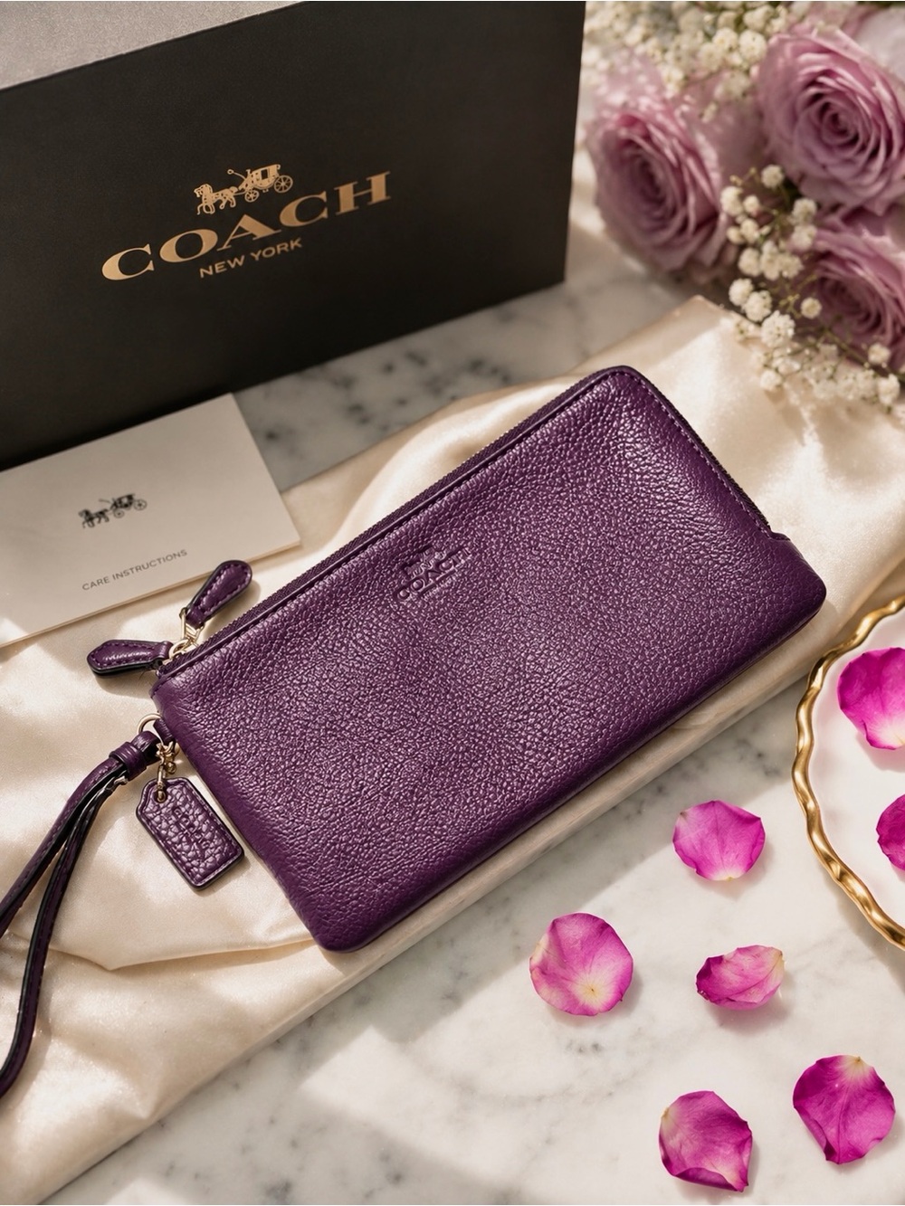 Coach Purple Pebble Leather Zip Wristlet Wallet with Tassel